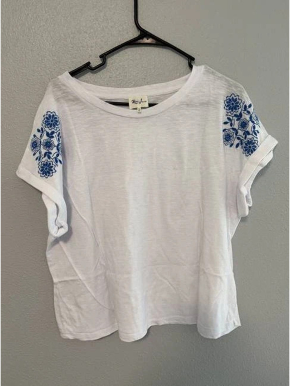 #6137 Rene Jeans White Short Sleeve Blouse Size XL